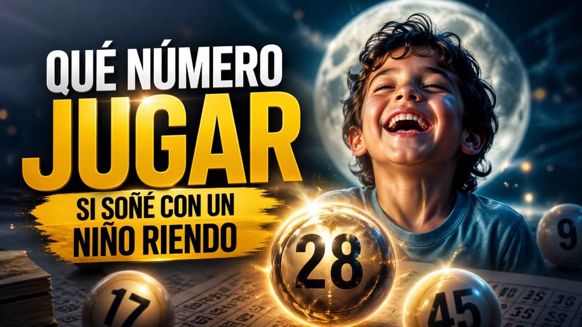 Niño riendo bajo la luna con bolas de lotería brillantes y números destacados en una escena misteriosa