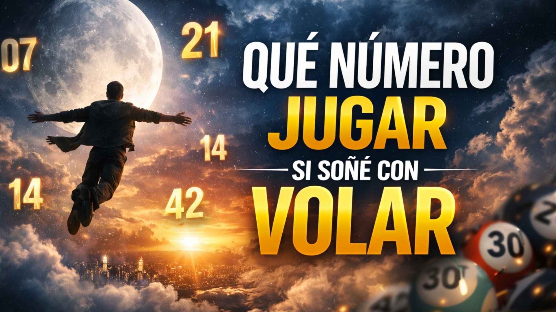 Persona volando en el cielo con números brillantes representando el significado de soñar con volar y su interpretación simbólica