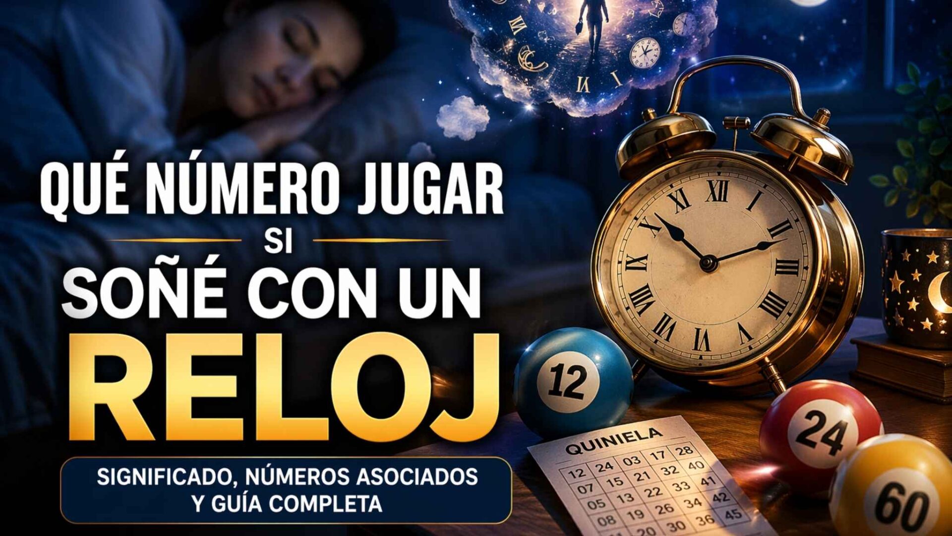 Persona durmiendo mientras aparece un reloj antiguo brillante junto a bolas de lotería representando el significado de soñar con un reloj y los números de la quiniela