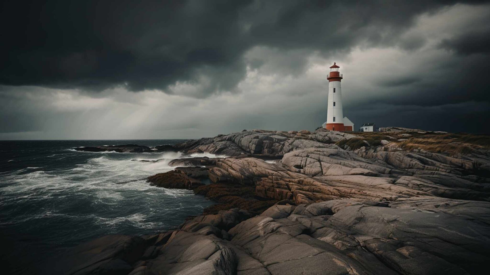 Tormenta en el mar con faro solitario y cielo oscuro, escena intensa asociada al significado de sueños y números de la suerte