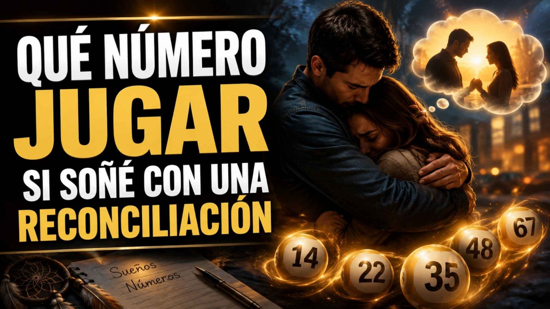 Pareja reconciliándose en una escena emotiva mientras aparecen números asociados a la interpretación de sueños sobre reconciliación y reencuentro emocional.
