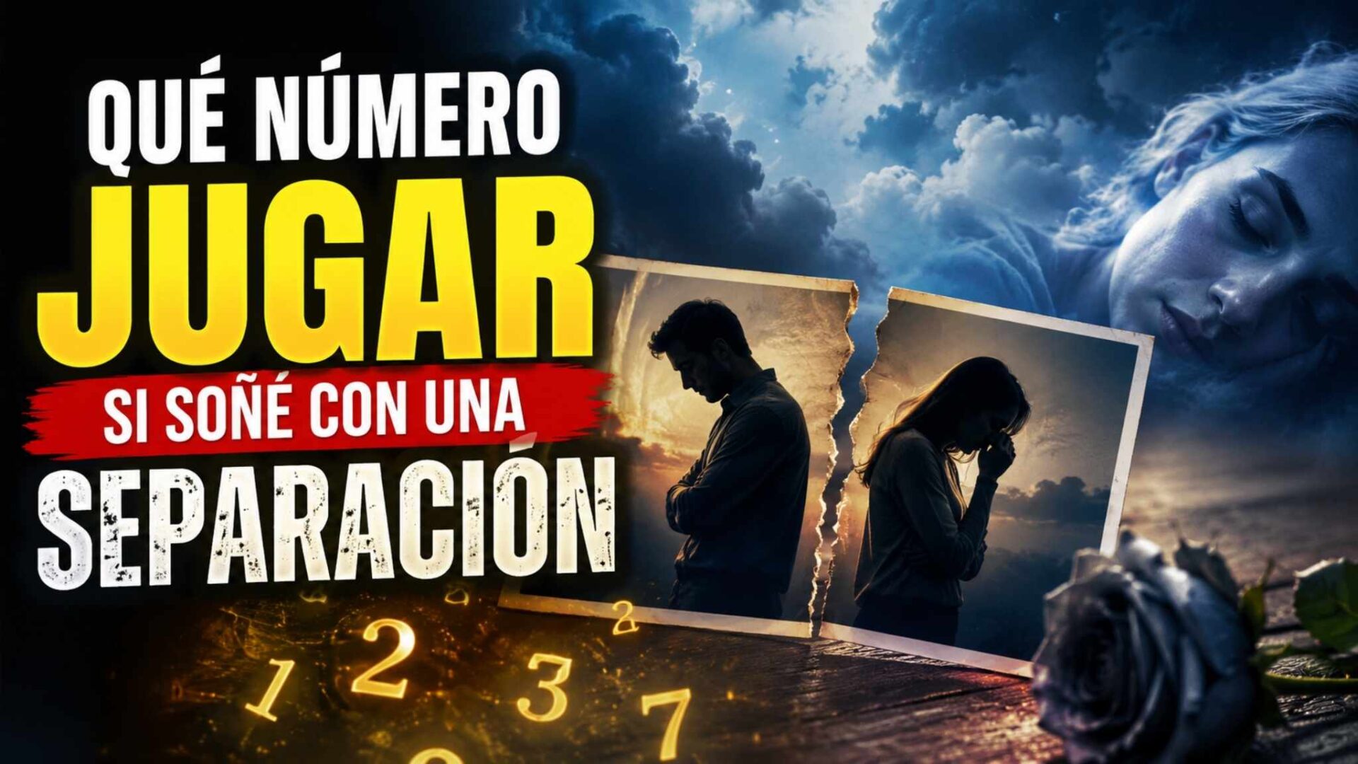 Persona observando una separación simbólica entre dos caminos iluminados mientras aparecen números brillantes en una escena nocturna de estilo cinematográfico, representando el significado de soñar con una separación y sus asociaciones numéricas.